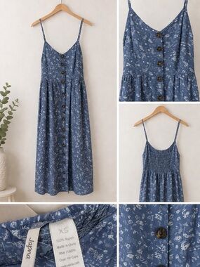 Japna Blue Floral Midi Dress XS Button Front Spaghetti Strap Boho Summer